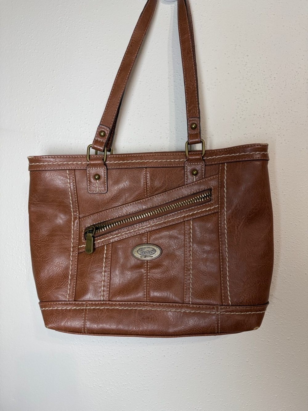 b.o.c. Brown Leather Shoulder Bag with Front Zip